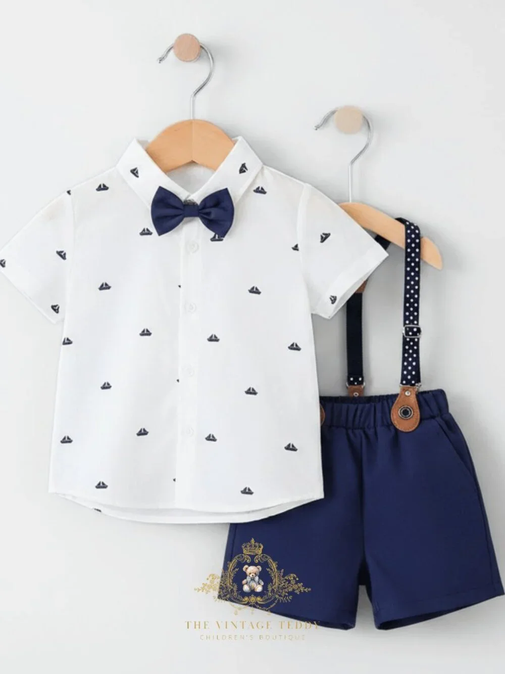 NWT Handsome Boys Oxford Button Down Shirt Shorts Bow Tie Kids Matching Set 1-2T